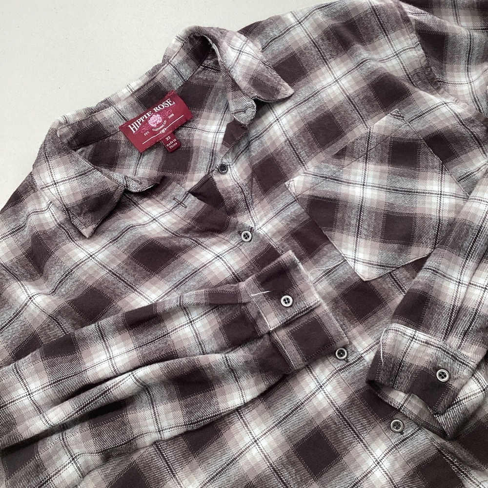 Hippie Rose Flannel Womens X-Small Grey Plaid Cropped Button Up Frayed Hem